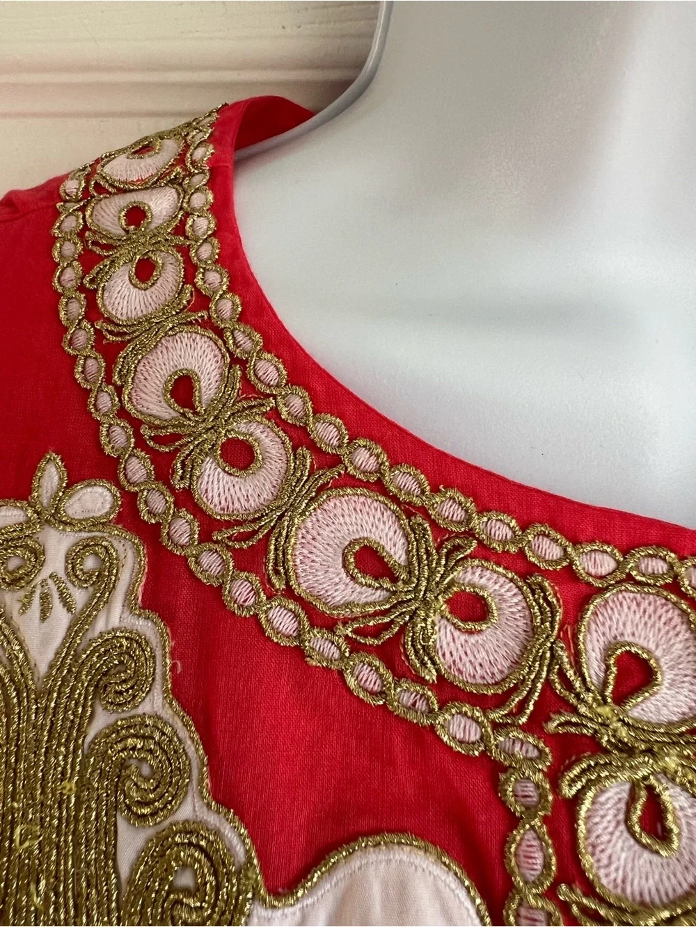 Tory Burch Coral Tunic Dress with Gold & White Embroidery